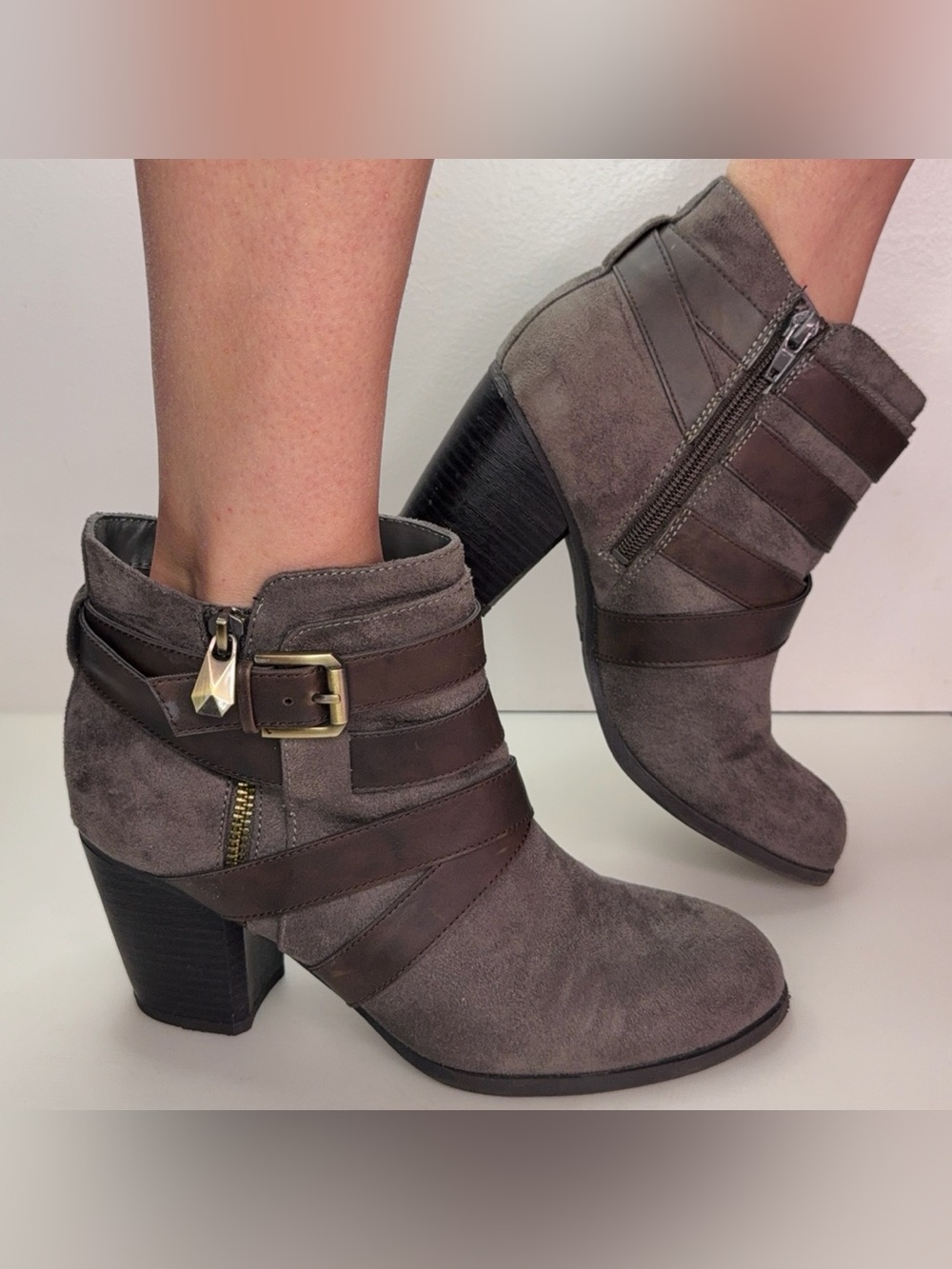 Fergalicious Women's Gray Suede Ankle Boots with Buckle Strap